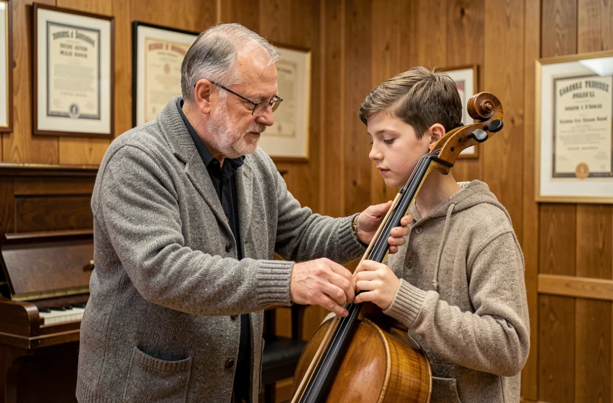 Professeur guidant un élève au violoncelle au Conservatoire à Rayonnement Régional de Metz Métropole