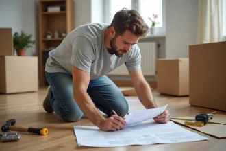 Débutant en bricolage qui suit un tutoriel imprimé pour assembler un meuble en bois dans son salon