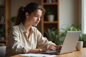 Jeune femme débutante en infoproduits consultant une plateforme d'abonnement emailing marketing sur son ordinateur portable dans un bureau à domicile