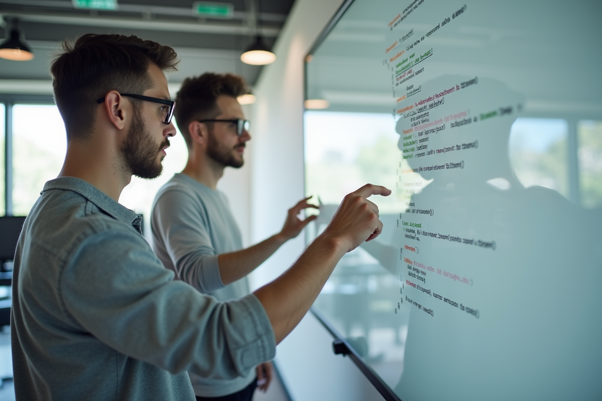 Deux hommes discutant devant un tableau blanc en espace collaboratif