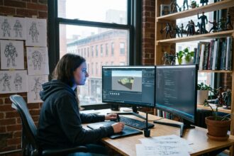 Jeune femme développeuse de jeux vidéo travaillant sur Unity dans un studio home office moderne avec double écran et tablette graphique