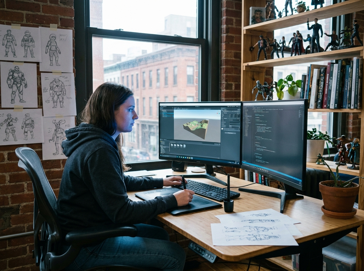 Jeune femme développeuse de jeux vidéo travaillant sur Unity dans un studio home office moderne avec double écran et tablette graphique