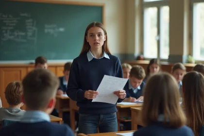 Jeune fille présentant son discours de candidate déléguée de classe devant ses camarades dans une salle de cours