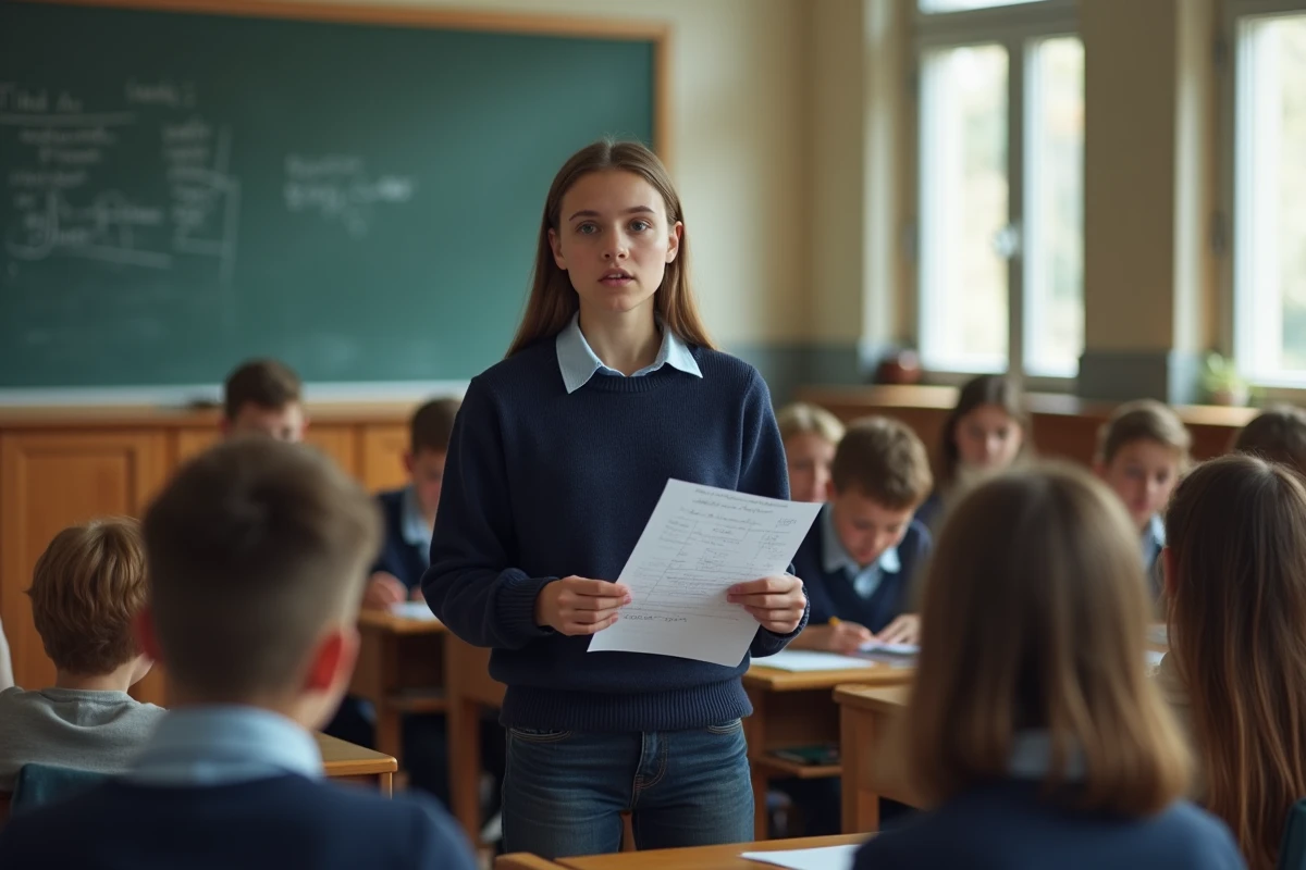 Jeune fille présentant son discours de candidate déléguée de classe devant ses camarades dans une salle de cours