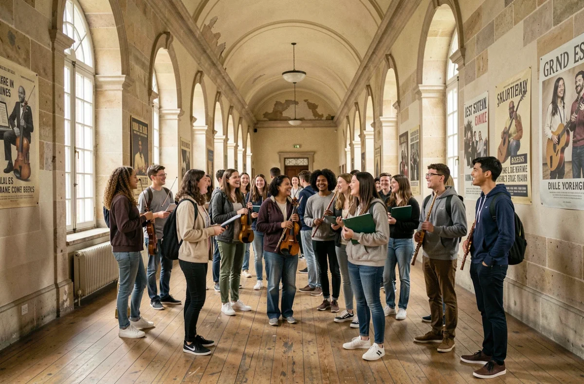 Étudiants en musique dans le couloir d'un conservatoire du Grand Est, tenant des instruments et partitions