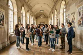 Étudiants en musique dans le couloir d'un conservatoire du Grand Est, tenant des instruments et partitions