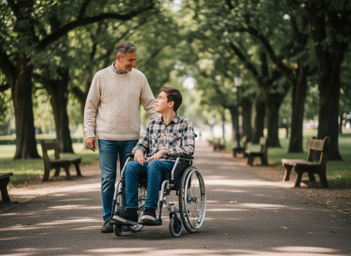 Éducateur accompagnant un adolescent en fauteuil dans un parc