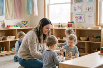 Jeune femme guidant des tout-petits dans une classe colorée