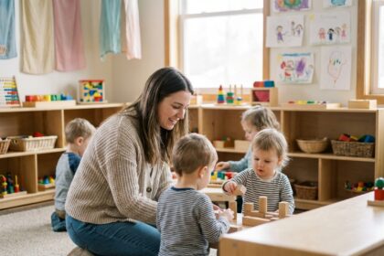 Jeune femme guidant des tout-petits dans une classe colorée
