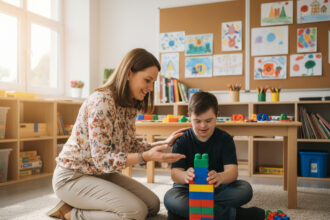 Photo d'une éducatrice sociale aidant un adolescent avec Down