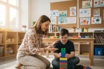 Photo d'une éducatrice sociale aidant un adolescent avec Down