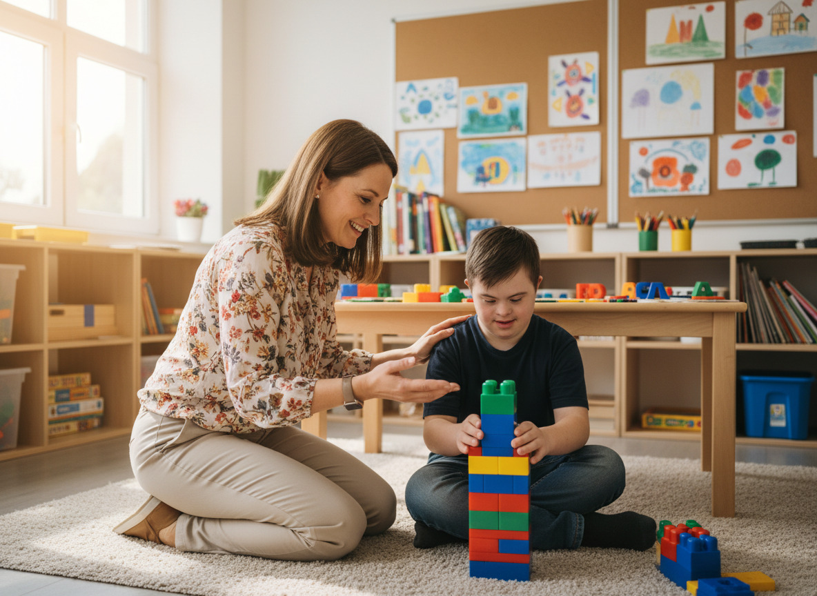 Photo d'une éducatrice sociale aidant un adolescent avec Down