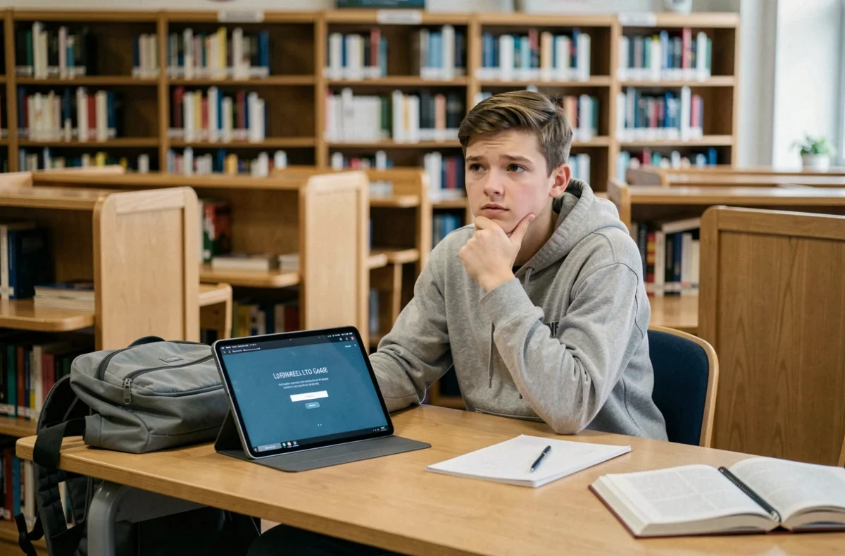 Adolescent essayant de se connecter à Educ de Normandie sur une tablette dans une bibliothèque scolaire