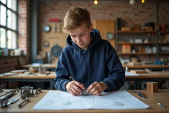 Élève de SEGPA concentré sur un projet de fabrication manuelle dans un atelier scolaire professionnel