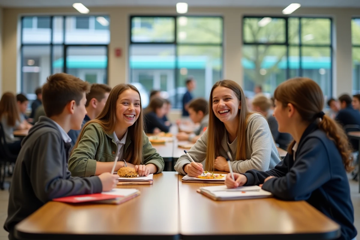 Groupe d'élèves de SEGPA partageant un moment convivial à la cantine de leur collège, symbolisant l'intégration sociale