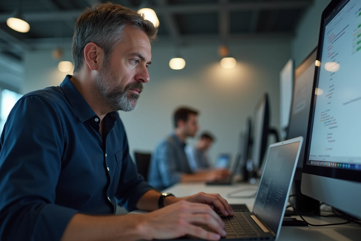 Employé administratif analysant un message d'erreur logiciel sur un ordinateur portable en open space