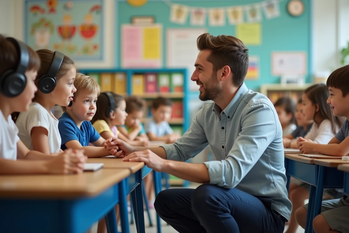 Enseignant aidant un enfant avec des écouteurs en classe