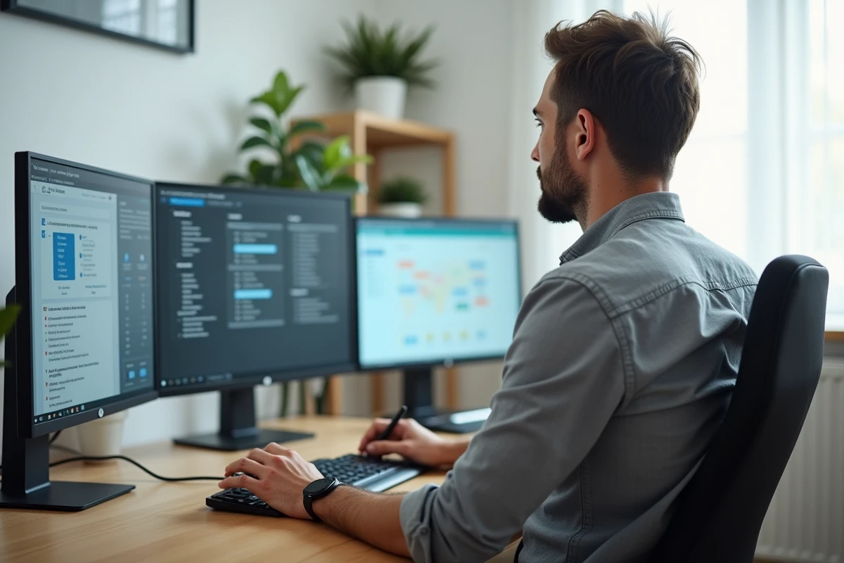 Enseignant gérant ses ressources pédagogiques et sa messagerie sur un bureau numérique depuis son bureau à domicile