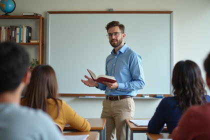 Professeur français en classe avec étudiants multiculturels