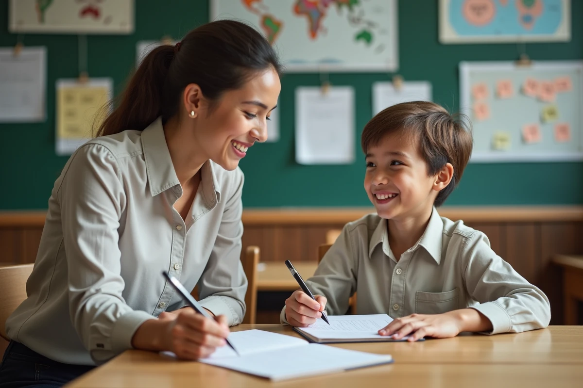 Enseignante souriante aidant un élève lors de la dictée