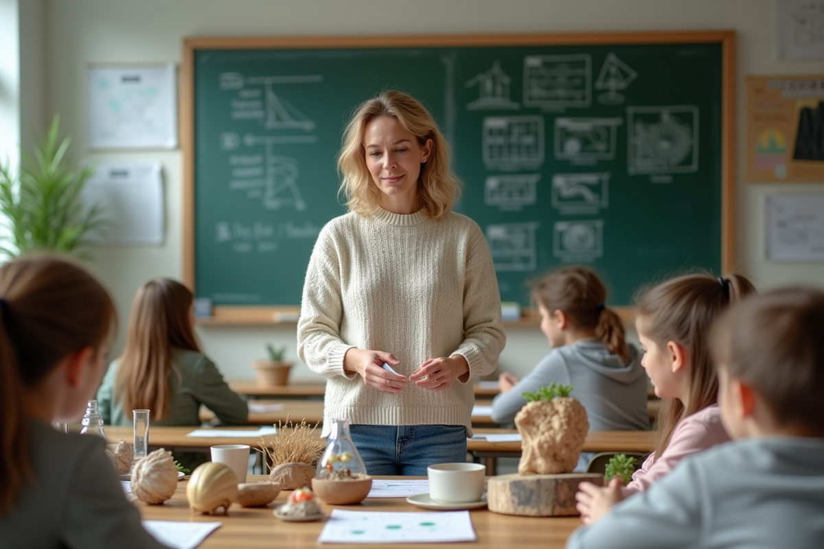 Professeure de sciences en classe avec modèles et outils