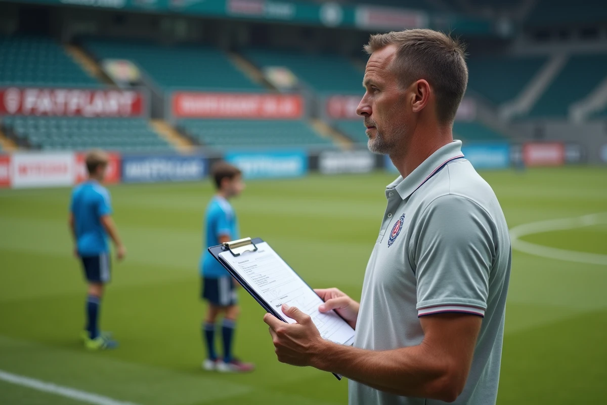 Entraîneur du centre de formation de l'OM évaluant des critères de sélection sur une fiche de recrutement lors d'un test d'entrée