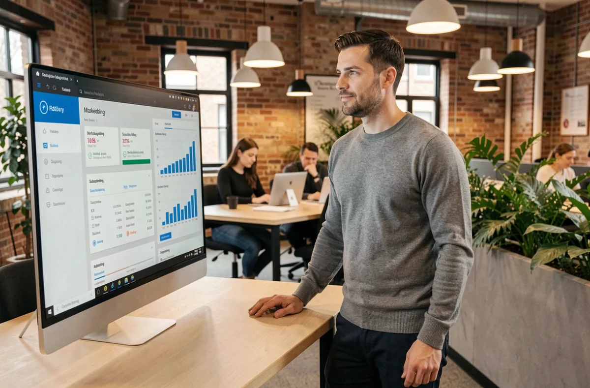 Entrepreneur masculin analysant des statistiques de campagne email marketing sur un grand écran dans un espace de coworking
