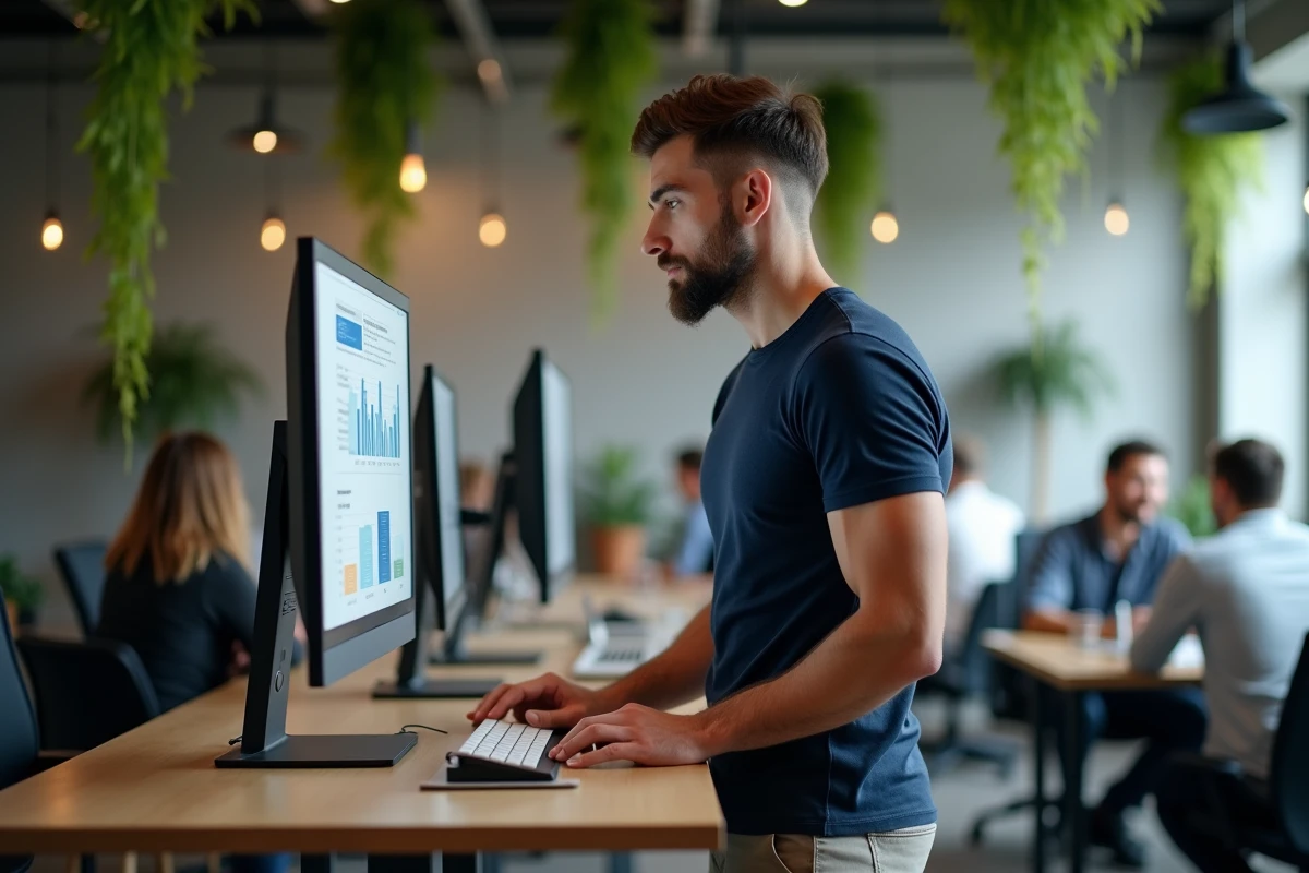 Homme entrepreneur débutant analysant des statistiques d'email marketing dans un espace de coworking moderne