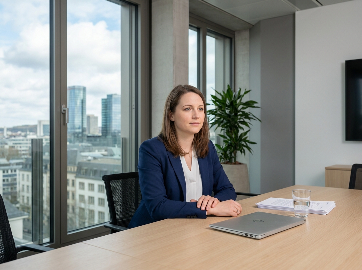 Femme professionnelle en entretien d'embauche dans un bureau moderne au Luxembourg