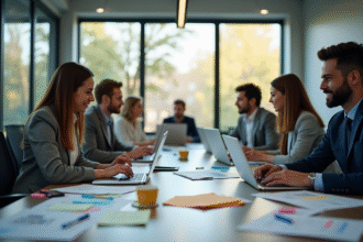 Groupe de professionnels collaborant dans un bureau lumineux