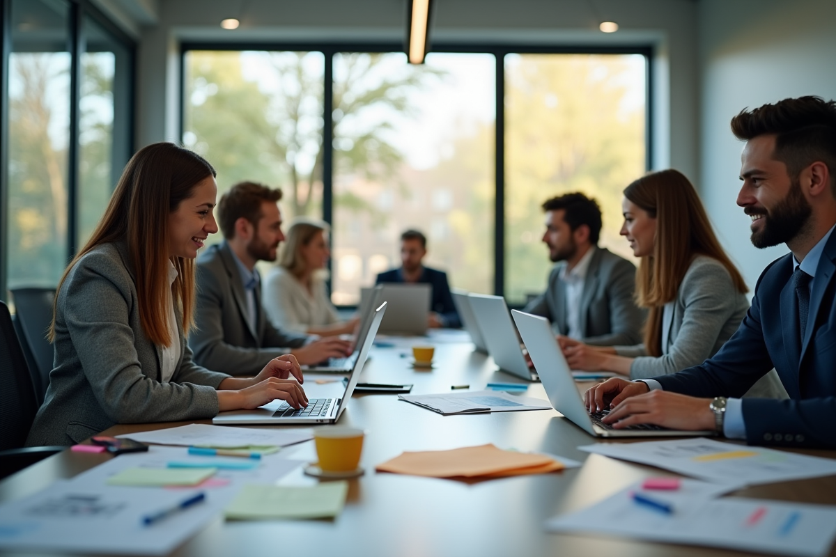 Groupe de professionnels collaborant dans un bureau lumineux