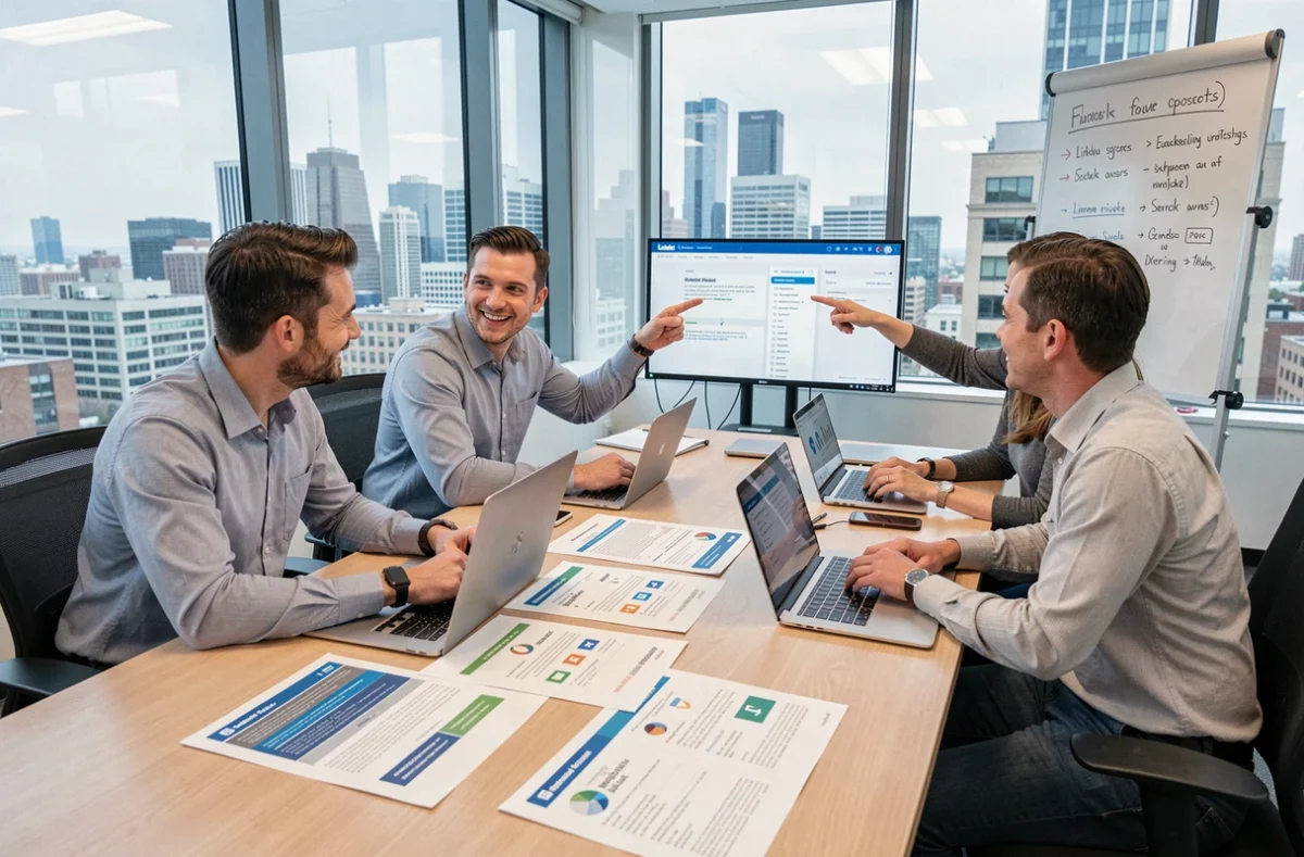 Équipe commerciale en formation LinkedIn autour d'une table de réunion avec ordinateurs et supports de cours