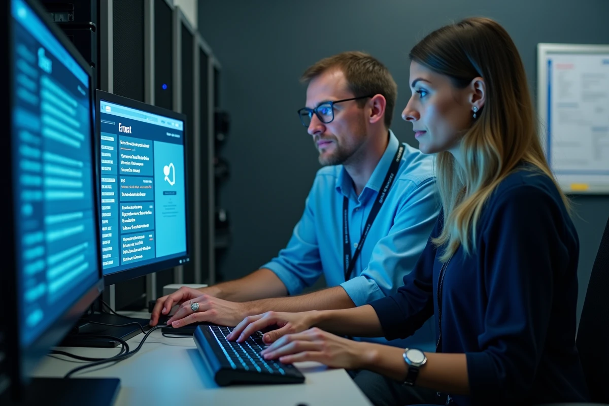 Équipe informatique universitaire analysant des alertes de phishing sur des écrans de sécurité dans une salle de support technique