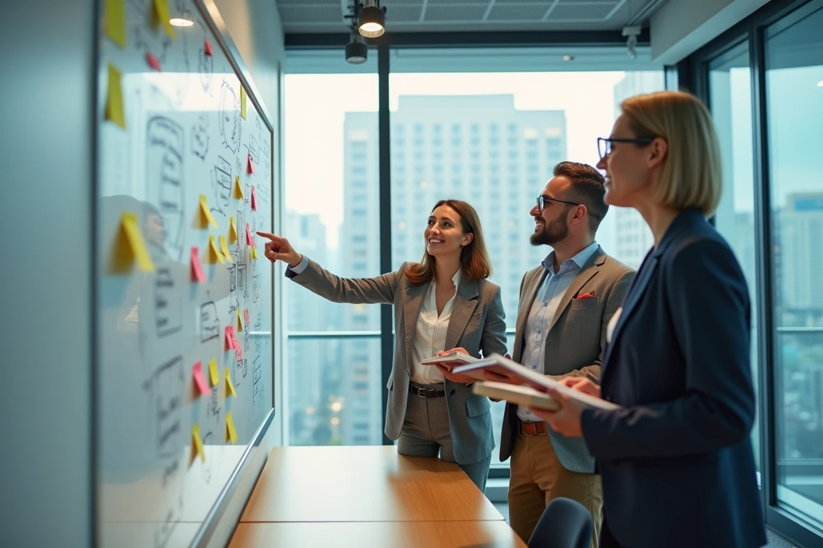 Équipe de professionnels en réunion autour d'un tableau blanc dans une salle moderne, symbolisant la collaboration dans des métiers rares et valorisés