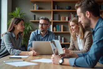 Groupe de professionnels en réunion dans un bureau moderne