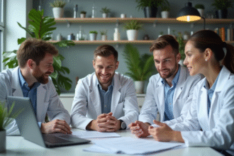 Groupe de scientifiques divers en discussion dans un laboratoire