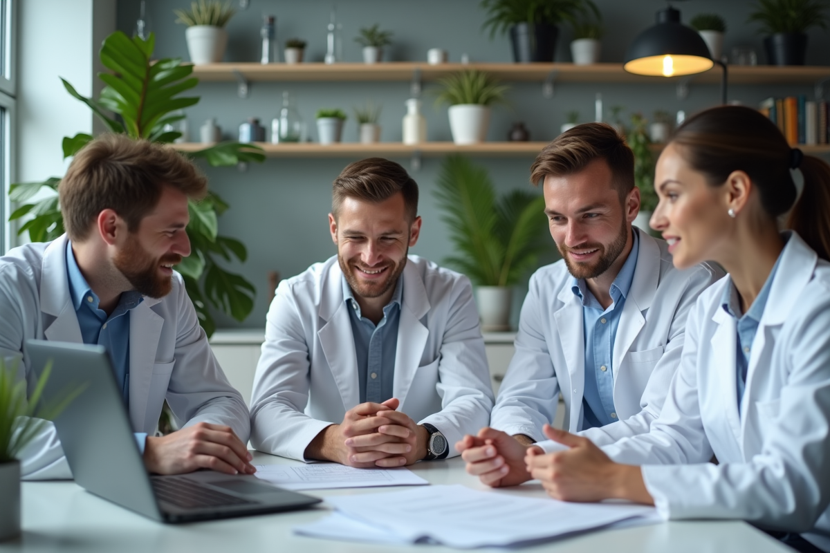 Groupe de scientifiques divers en discussion dans un laboratoire