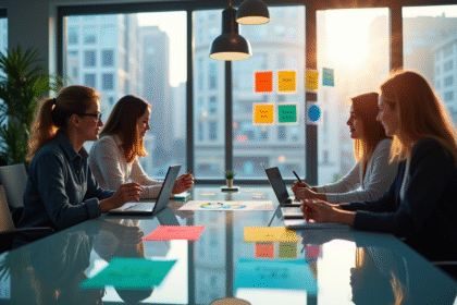 Espace de travail moderne avec brainstorming et notes colorées