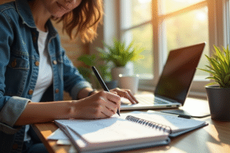 Espace de travail moderne avec personne prenant des notes