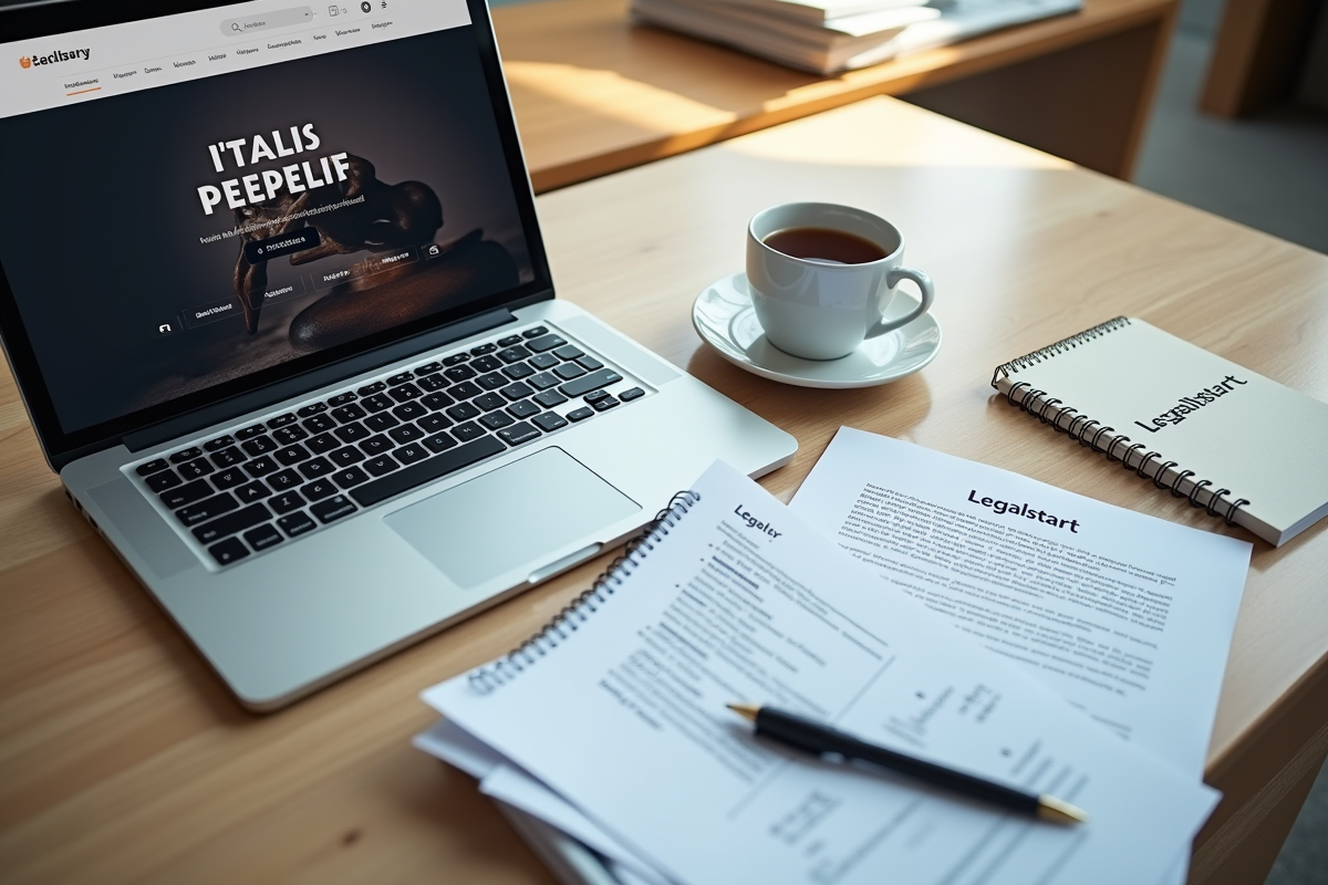 Espace de travail avec ordinateur et dossiers INPI et Legalstart