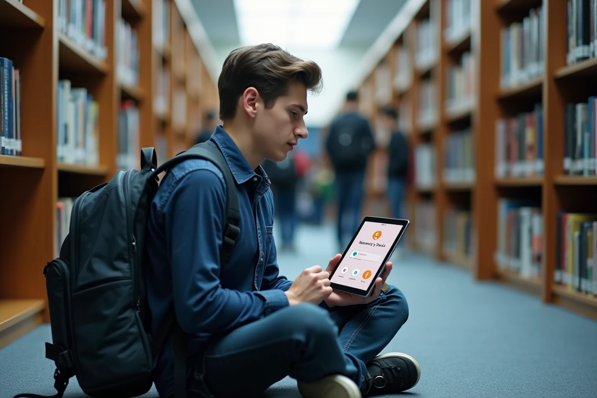 Étudiant masculin utilisant une application de mémorisation ludique sur tablette dans une bibliothèque universitaire moderne