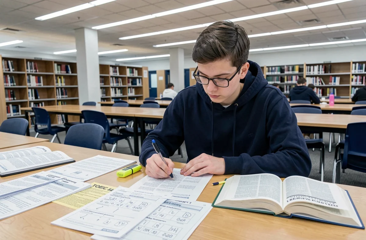 Étudiant universitaire annoter des pages d'exemple TOEIC PDF dans une bibliothèque
