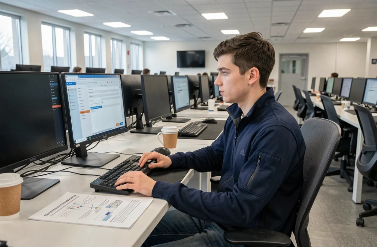 Étudiant paramétrant un compte mail UTT dans une salle informatique universitaire