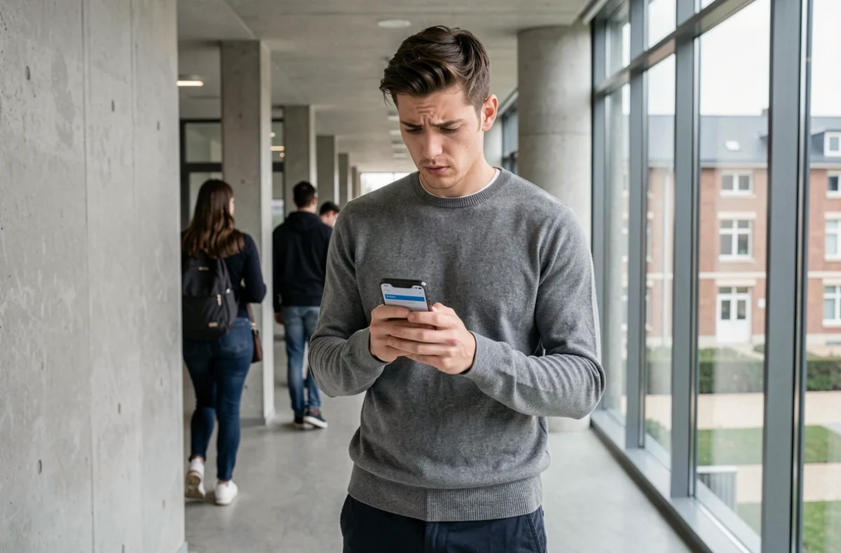 Étudiant consultant son smartphone dans un couloir de Sciences Po Bordeaux en cherchant une solution à la panne de l'ENT