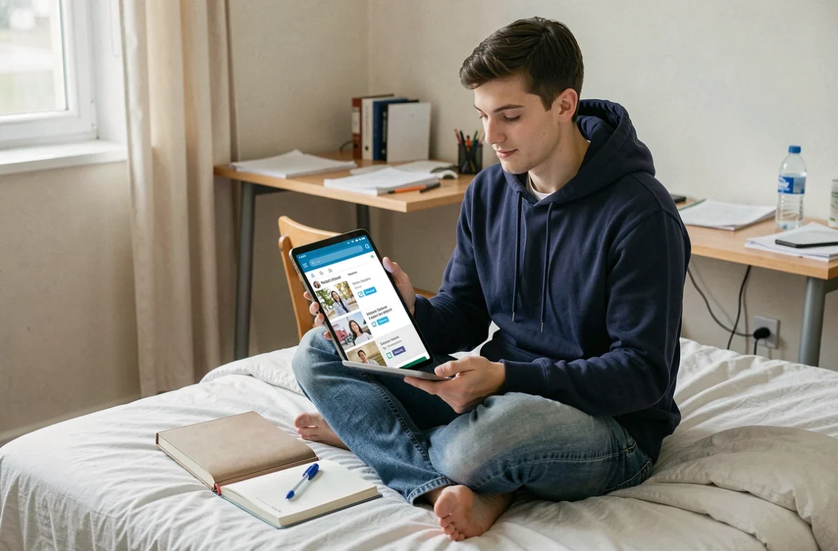 Étudiant suivant ses cours en ligne sur tablette via ECampus Poli dans sa chambre universitaire