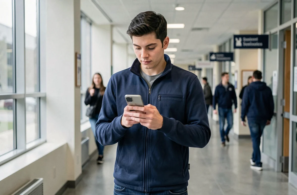 Étudiant consultant l'ENT AMU sur son smartphone dans un couloir universitaire
