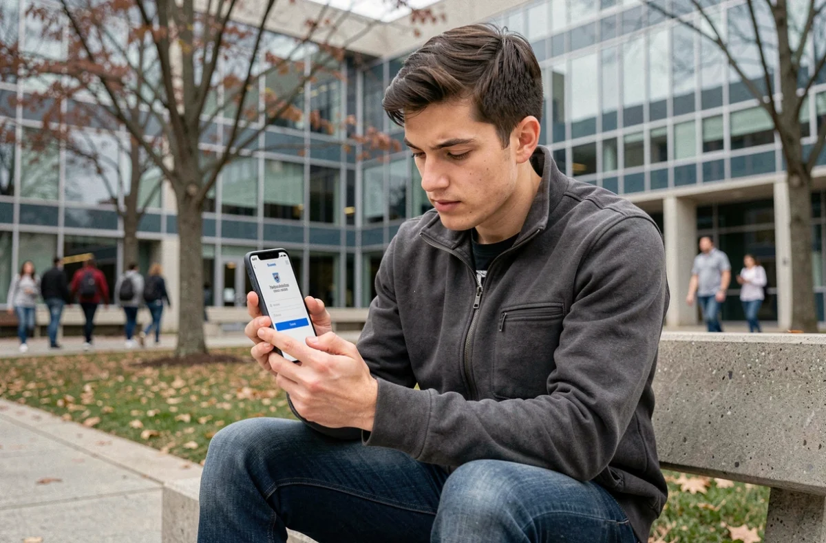 Étudiant masculin utilisant l'ENT Rochelle sur smartphone dans une cour de campus universitaire