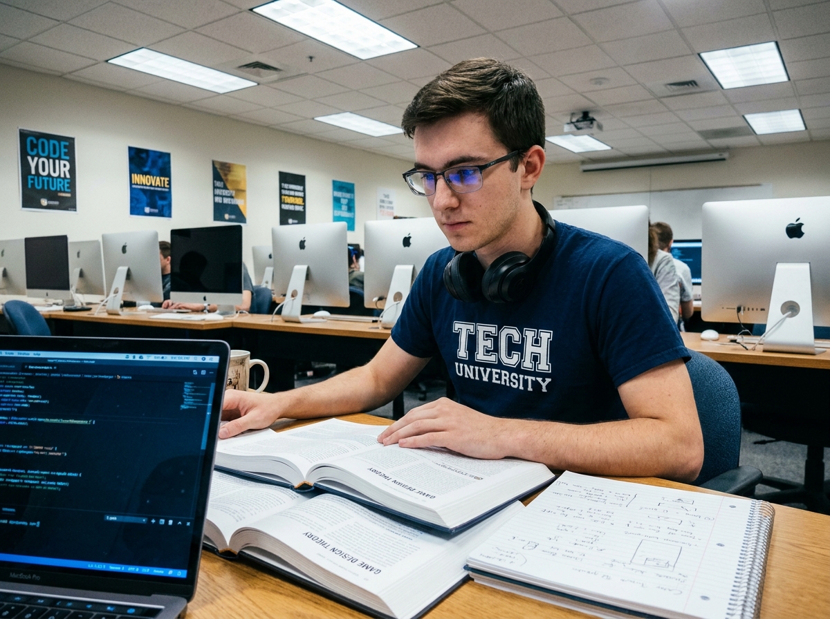 Étudiant en game design étudiant la programmation de jeux vidéo dans une salle informatique universitaire moderne