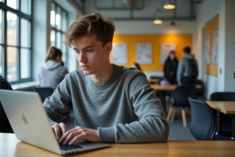Etudiant universitaire utilisant l'intranet ESCP dans une salle lumineuse