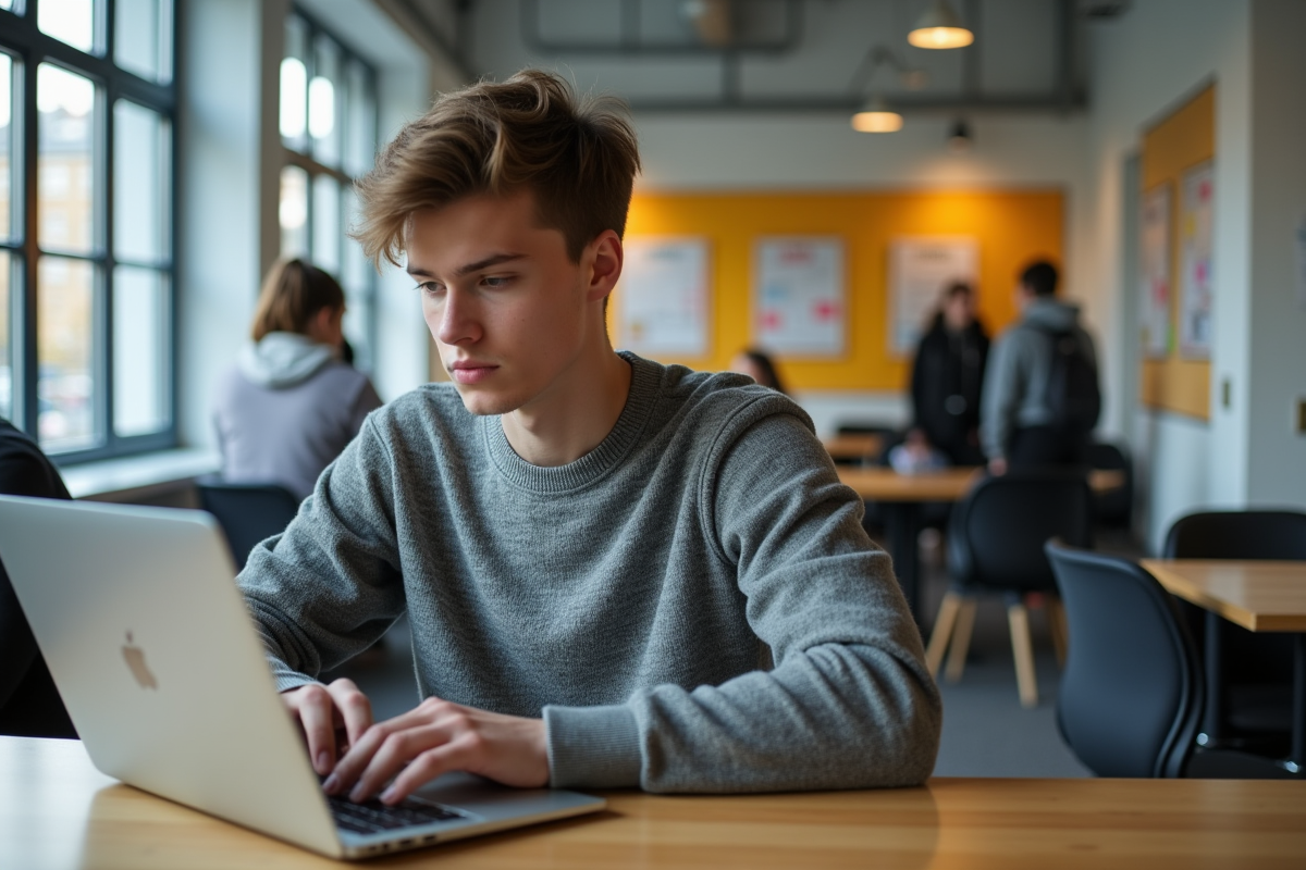 Etudiant universitaire utilisant l'intranet ESCP dans une salle lumineuse